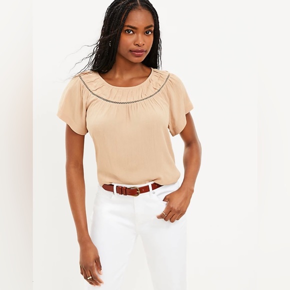 LOFT Tops - LOFT Cutout Yoke Flutter Sleeve Mixed Media Top
